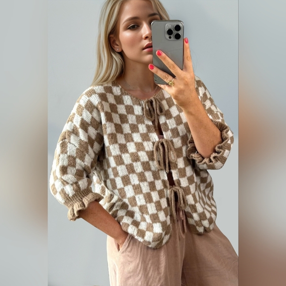 Double Take Tied Checkered Dropped Shoulder Flounce Sleeve Cardigan